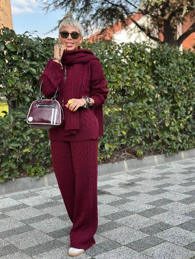 BORDO ATKILI SAÇ ÖRGÜ KAZAK PANTOLON TAKIM