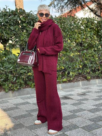 BORDO ATKILI SAÇ ÖRGÜ KAZAK PANTOLON TAKIM