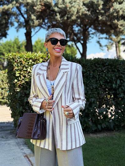 BORDO ÇİZGİLİ KETEN BLAZER CEKET