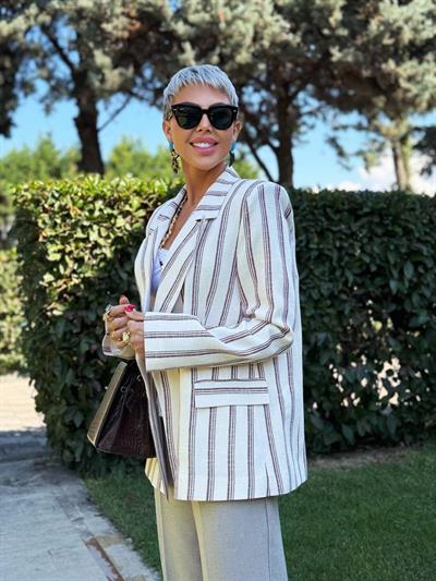 BORDO ÇİZGİLİ KETEN BLAZER CEKET