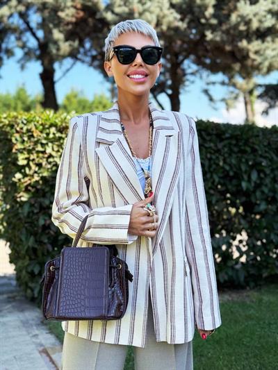 BORDO ÇİZGİLİ KETEN BLAZER CEKET