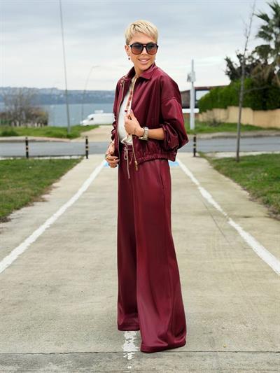 BORDO DERİ GÖRÜNÜMLÜ PANTOLON CEKET TAKIM