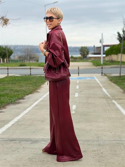 BORDO DERİ GÖRÜNÜMLÜ PANTOLON CEKET TAKIM