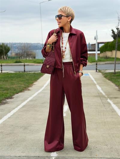 BORDO DERİ GÖRÜNÜMLÜ PANTOLON CEKET TAKIM