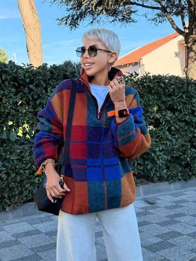 BORDO EKOSE DESENLİ DİK YAKA FERMUARLI POLAR SWEAT