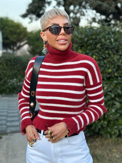 BORDO-EKRU ÇİZGİLİ SAKALLI BALIKÇI YAKA KAZAK