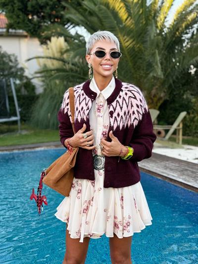 BORDO GEOMETRİK DESEN YÜN HIRKA