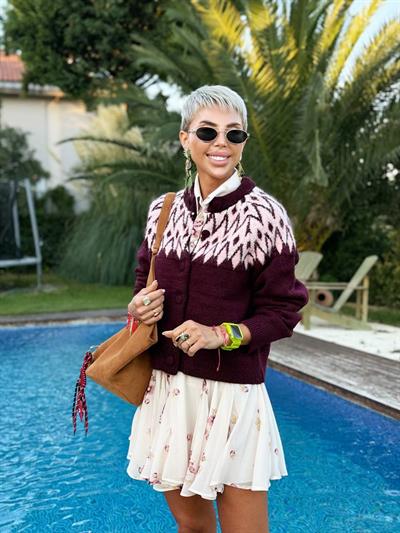 BORDO GEOMETRİK DESEN YÜN HIRKA