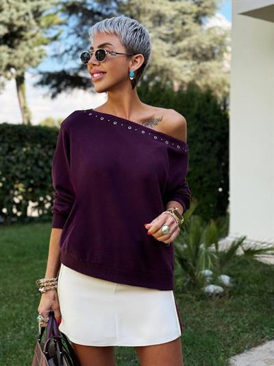 BORDO KUŞGÖZÜ DETAY KAYIK YAKA KAZAK