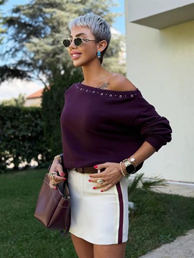 BORDO KUŞGÖZÜ DETAY KAYIK YAKA KAZAK