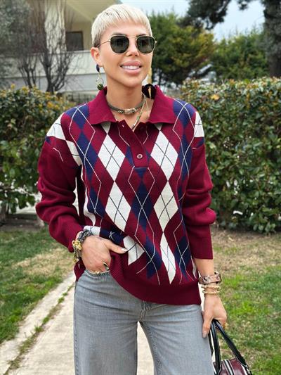 BURGUNDY POLO-COLLAR BUTTONED DIAMOND-PRINT SWEATER