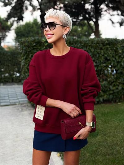 BURGUNDY S.STUDIO RIBBED CREW NECK OVERSIZED SWEATSHIRT