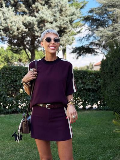 BORDO ŞERİT DETAY ŞORT ETEK TSHIRT TAKIM