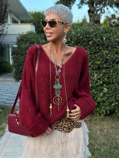 BORDO YÜN KARIŞIMLI KOL KIVIRMALI KAZAK