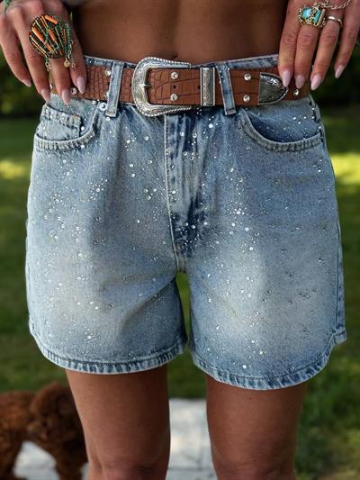 BUZ MAVİ TAŞ BASKI DENIM ŞORT