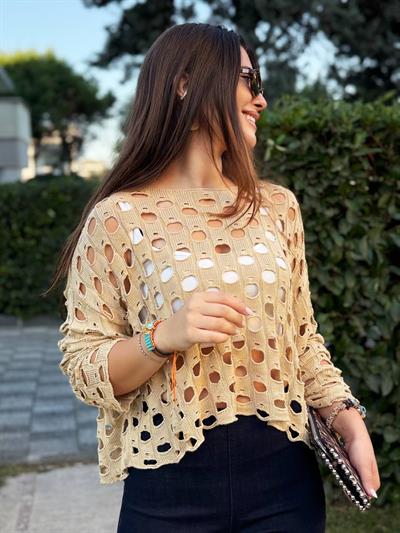 CAMEL DELİKLİ MERSERİZE BLUZ