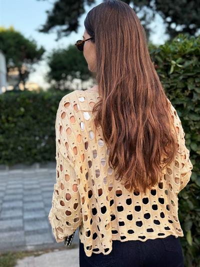 CAMEL DELİKLİ MERSERİZE BLUZ