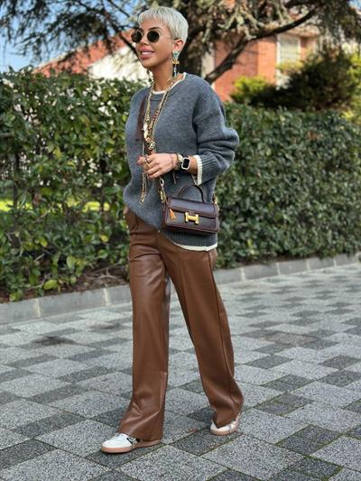 KAHVE ÖNÜ DİKİŞLİ DERİ PALAZZO PANTOLON