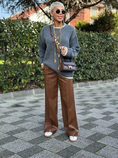 KAHVE ÖNÜ DİKİŞLİ DERİ PALAZZO PANTOLON