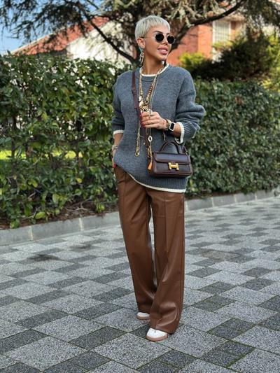 KAHVE ÖNÜ DİKİŞLİ DERİ PALAZZO PANTOLON