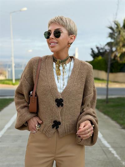 CAMEL SİMLİ FİYONK ÇITÇITLI TRİKO HIRKA