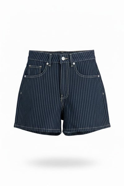 Çizgili Denim Şort Lacivert