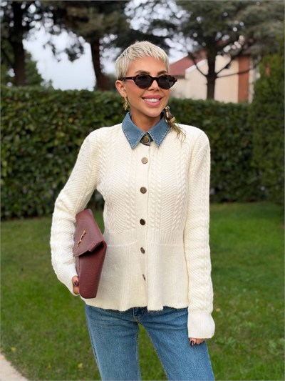 Denim Yakalı Peplum Triko Kazak Ekru