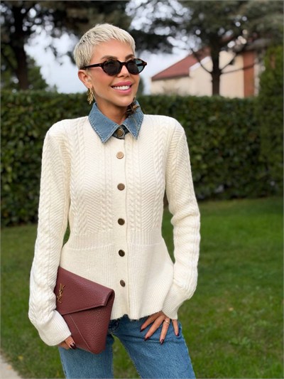 Denim Yakalı Peplum Triko Kazak Ekru