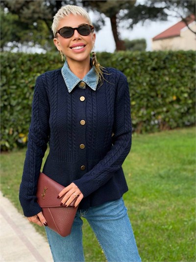 Denim Yakalı Peplum Triko Kazak Lacivert