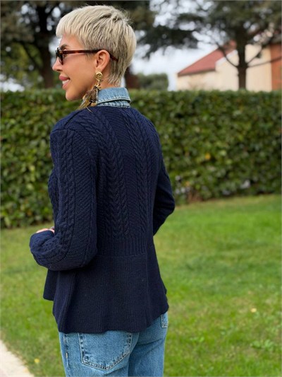Denim Yakalı Peplum Triko Kazak Lacivert