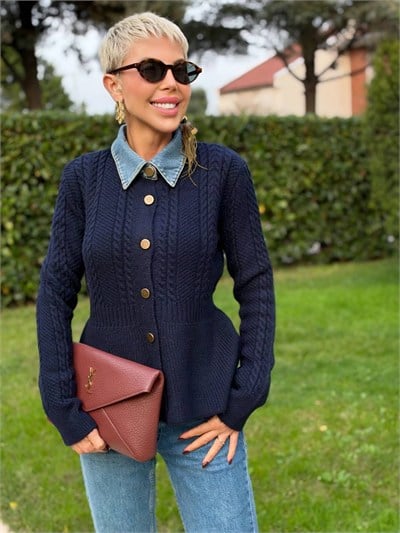 Denim Yakalı Peplum Triko Kazak Lacivert