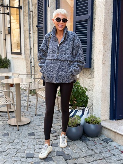 Desenli Dik Yaka Polar Sweatshirt Gri