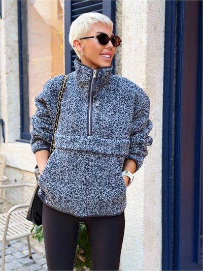 Desenli Dik Yaka Polar Sweatshirt Gri