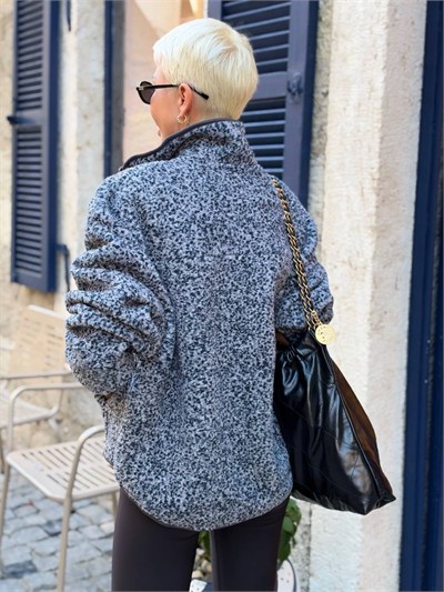 Desenli Dik Yaka Polar Sweatshirt Gri