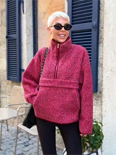 Desenli Dik Yaka Polar Sweatshirt Kırmızı