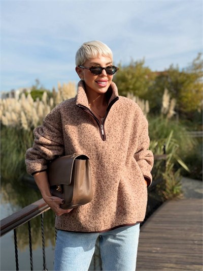 Dik Yaka Benek Desen Polar Sweat Kahve