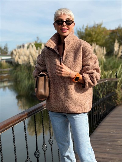 Dik Yaka Benek Desen Polar Sweat Kahve