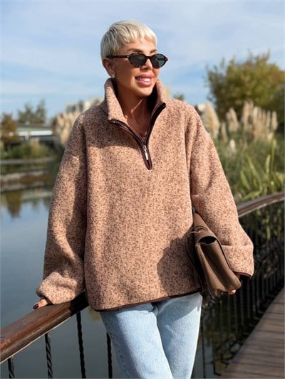 Dik Yaka Benek Desen Polar Sweat Kahve