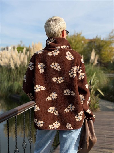 Dik Yaka Çiçekli Polar Sweat Kahve