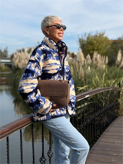 Dik Yaka Geyik Desenli Polar Sweat Lacivert