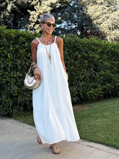 EKRU BONCUK YAKA ASKILI ELBİSE