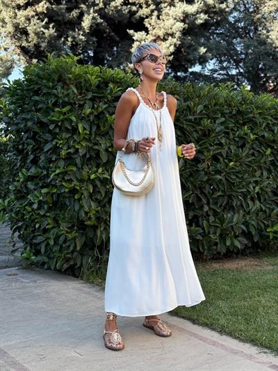 EKRU BONCUK YAKA ASKILI ELBİSE