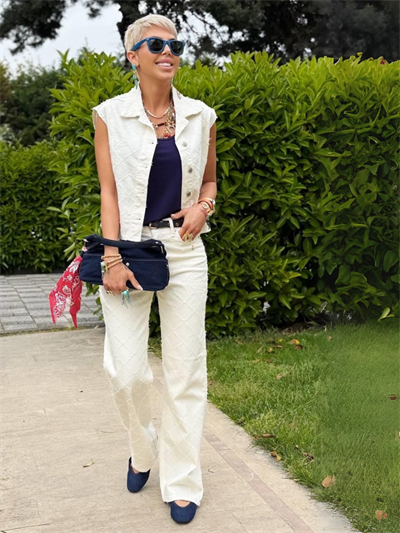 EKRU DENIM YELEK DESENLİ PANTOLON TAKIM