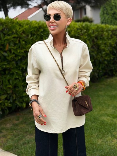 EKRU FERMUARLI CEPLİ JEAN SWEAT