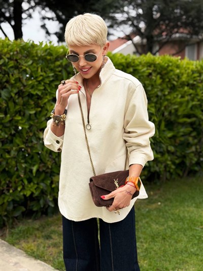 EKRU FERMUARLI CEPLİ JEAN SWEAT