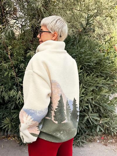 EKRU GEYİK DESENLİ DİK YAKA FERMUARLI POLAR SWEAT
