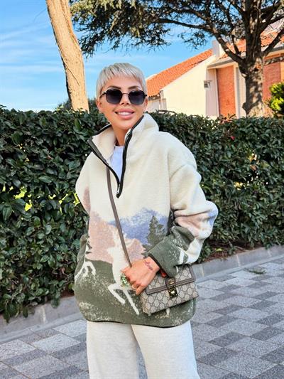 EKRU GEYİK DESENLİ DİK YAKA FERMUARLI POLAR SWEAT