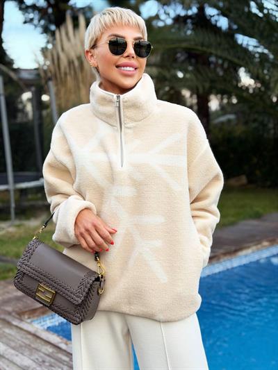 BEJ KAR DETAYLI DİK YAKA FERMUARLI POLAR SWEAT
