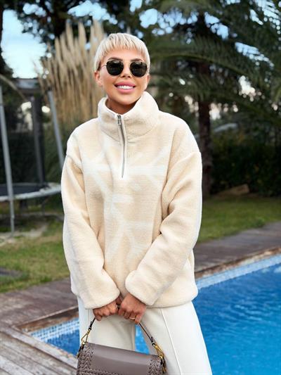 BEJ KAR DETAYLI DİK YAKA FERMUARLI POLAR SWEAT