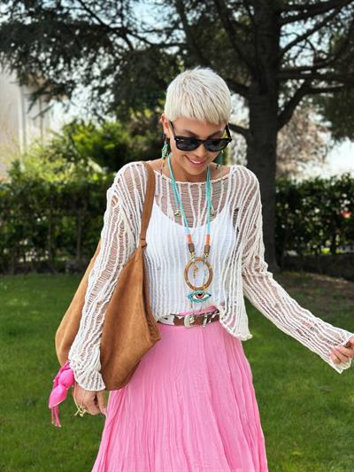 EKRU KESİKLİ AJUR TRİKO BLUZ